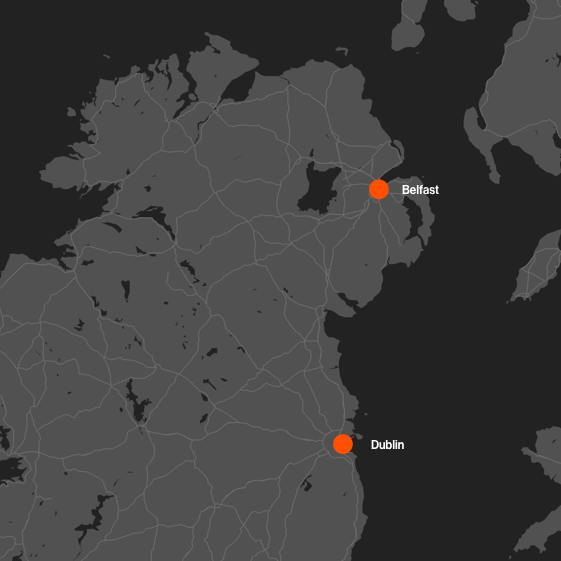 A map of the British Isles displaying the capital cities of Belfast, Dublin and London.