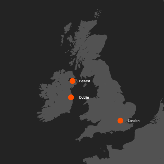 A map of Northern Ireland displaying the two airports, Belfast International and George Best City Airport.